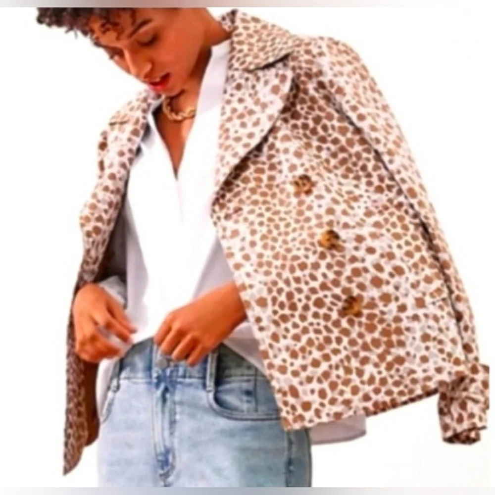 Ann Taylor Ivory Twill Animal Print Pea Coat Classic Preppy Stylish Modern Artsy - Picture 2 of 10